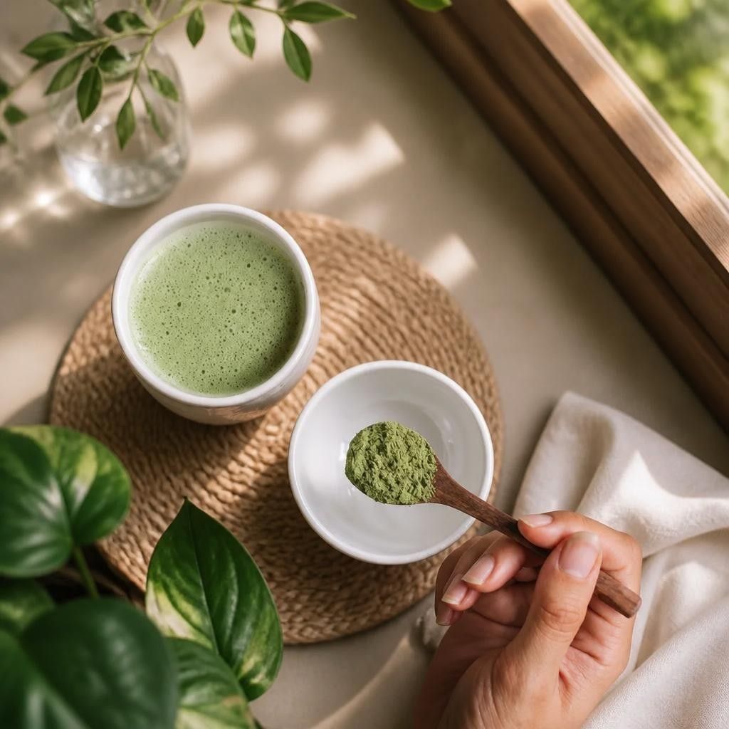 Sifting vivid green mushroom matcha powder into a bowl