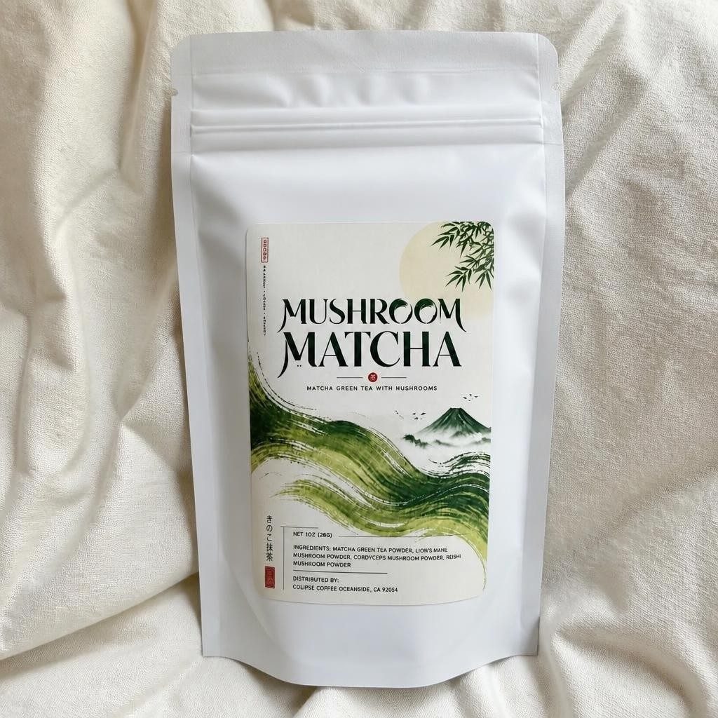 Mushroom matcha bag resting on a cozy cream blanket