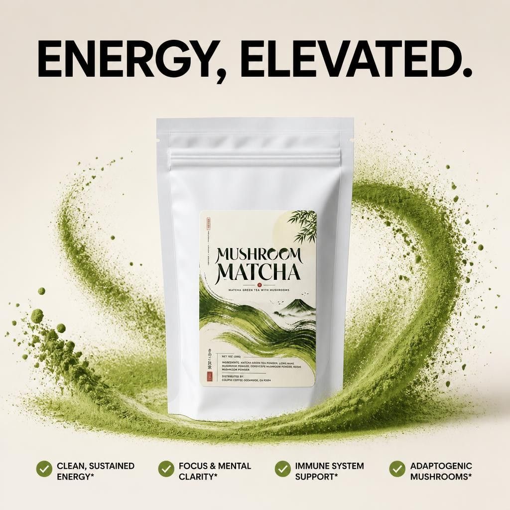 Mushroom matcha bag with swirling matcha powder and energy elevated headline