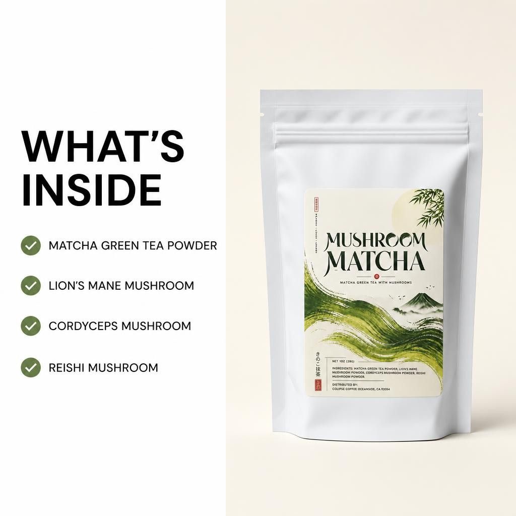 Mushroom matcha bag with what's inside ingredients checklist: matcha, Lion's Mane, Cordyceps, Reishi