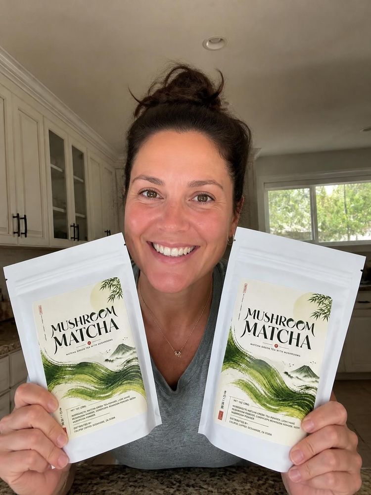 Matcha mushroom powder bag shared as part of a steady-energy routine